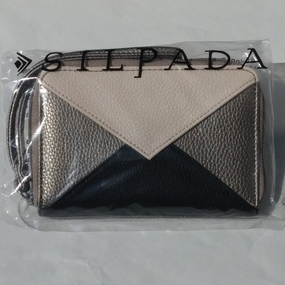 Silpada Pebbled Faux Leather Zipper Wristlet Clutch Metallic Pewter Black Cream
